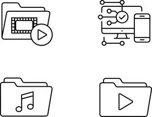 Set of four minimal black and white outline illustrations depicting multimedia management, video playback, audio storage, and interconnected cross-platform technology.