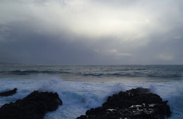 Las Palmas de Gran Canaria, Spain - December 13 2025: European windstorm Emilia affecting Las Canteras beach in Las Palmas de Gran Canaria
