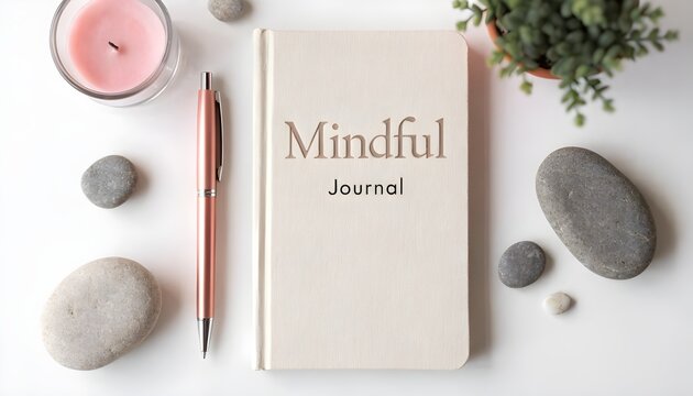 Mindful Journal with Candle and Stones for Meditation and Self-Care.