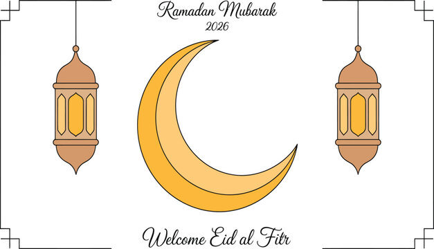 Ramadan mubarak 2026 welcome eid al fitr islamic greeting with crescent