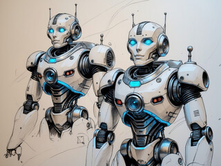 Two detailed humanoid robots with glowing blue eyes. Suitable for themes related to artificial intelligence, engineering, or concepts of future technologies.