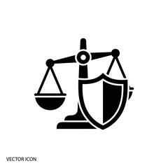 A simple black and white icon combining a scale of justice with a shield symbol, representing legal protection and balance
