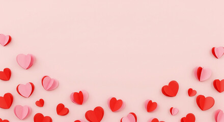 Scattered red and pink paper hearts on a soft pink background, creating a romantic and festive visual display.