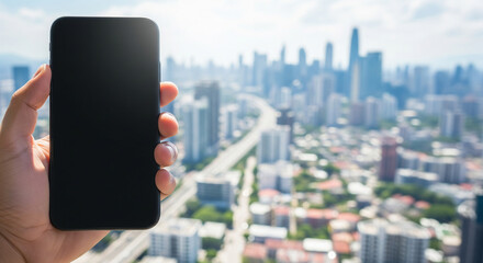 Hand holding smartphone with blank screen against city skyline for app mockup.
