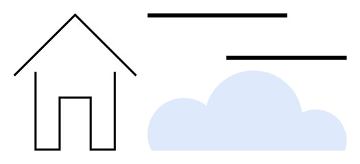 Sketch of a house next to a cloud and horizontal lines representing calm weather, safety, and home life. Ideal for architecture, weather, minimalism, tranquility, design, simplicity abstract themes