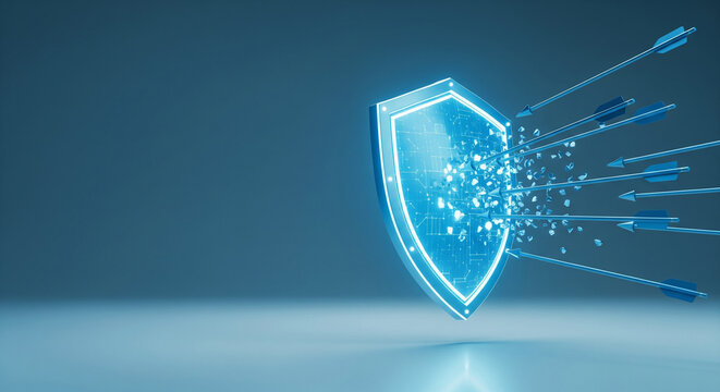 Blue digital shield blocking arrows representing cybersecurity with copy space.