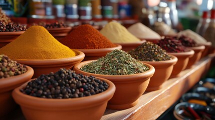 Fototapeta premium Colorful Spices in Clay Bowls on a Wooden Surface