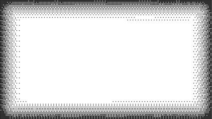 Halftone vignette rectangular frame with pixelated dot border fading to white center. Retro digital gradient background with vintage comic effect. Abstract monochrome vector illustration.