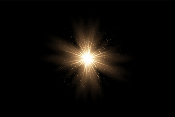 Light glare. Golden glowing flare with soft blurred rays on dark background. Bright warm light burst with smooth gradient illumination and radiant shine. Abstract luminous vector illustration.