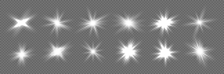 Light glares set. White glowing light flare with soft blurred rays on transparent background. Bright shining burst with smooth gradient illumination and glow effect. Abstract vector illustration.