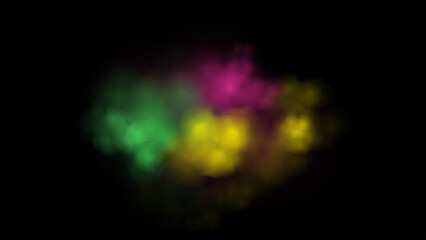 Color smoke clouds background. Blend of soft green yellow and magenta clouds on black with diffused glowing texture. Abstract vivid vector illustration.
