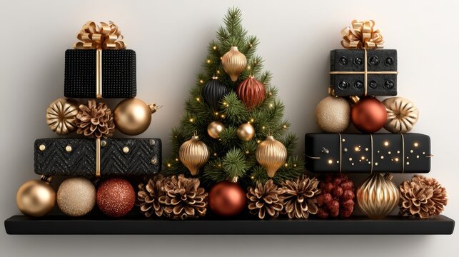 A stylish Christmas display featuring black and gold wrapped gifts, gold and red baubles, pinecones, and a small decorated pine tree against a white background, evoking festive warmth.