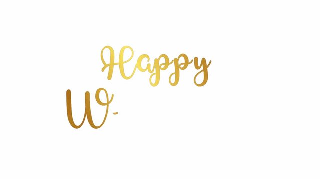 Happy wedding Animation for shop, discount, sale, flyer, greeting card. Animated text word handwritten calligraphy cursive Lettering style on white background. alpha channel animation. gold golden typ