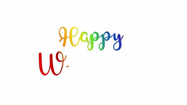 Happy wedding Animation for shop, discount, sale, flyer, greeting card. Animated text word handwritten calligraphy cursive Lettering style on white background. alpha channel animation. rainbow type