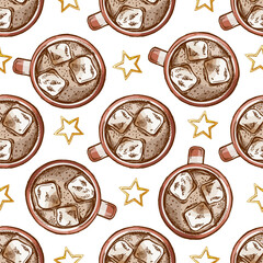 Hand drawn vintage seamless pattern of hot chocolate with marshmallows and yellow stars in brown color