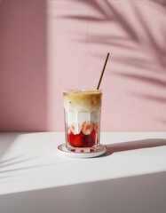 Iced strawberry latte with gold straw and three layers in faceted glass