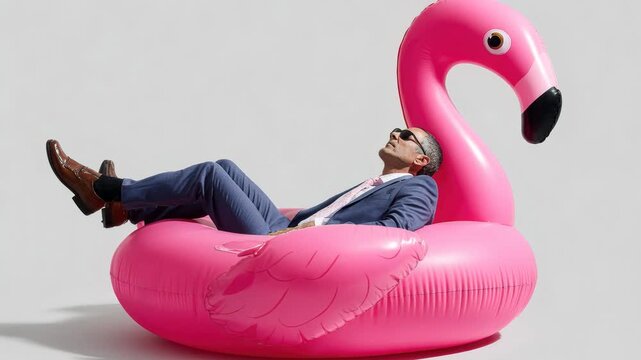 Person in suit on pink flamingo, reclining on inflatable float against pastel studio backdrop, wearing sunglasses and loafers, exuding relaxed confident vibe