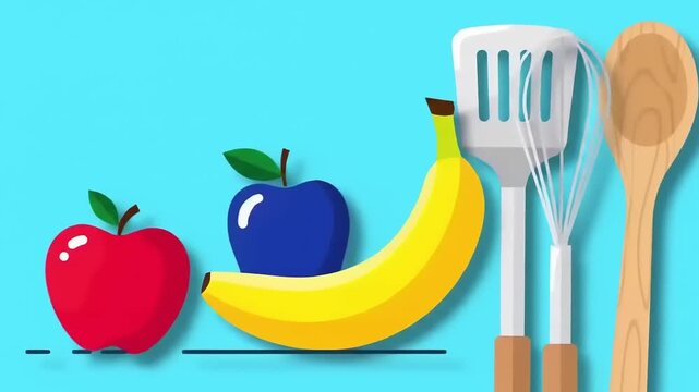 A vibrant illustration featuring a red apple, a blue apple, a yellow banana, a white spatula, a whisk, and a wooden spoon on a light blue background.
