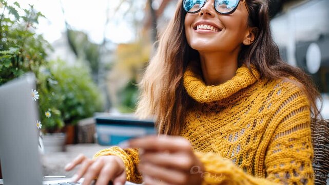 Black woman using laptop and card in cozy sweater and glasses, smiling while making online payment, reclining on lawn chair in sunlit park, switching