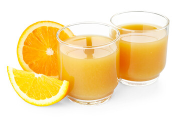 Fresh orange juice in glasses and fruit slices isolated on white