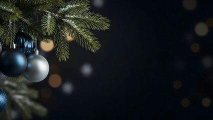 Black christmas decoration on a tree with bokeh lights background	