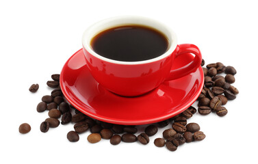 Aromatic coffee in cup and beans isolated on white