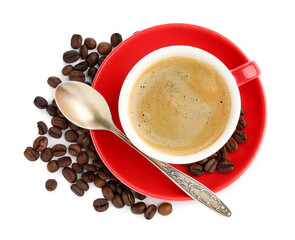 Aromatic coffee in cup and beans isolated on white, top view