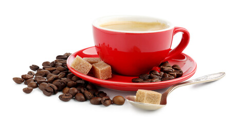 Aromatic coffee in cup, beans and brown sugar isolated on white