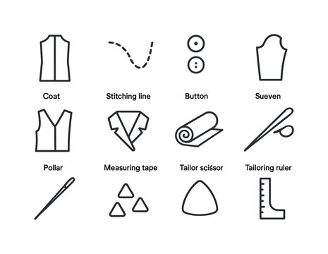 Coat Construction Icons. Coat construction. Line icon set of coa