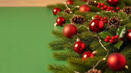 Red christmas decoration on a tree with bokeh lights background	