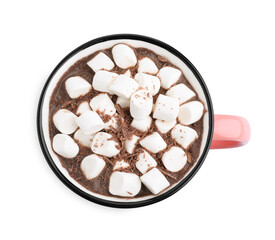 Hot cocoa with marshmallows and chocolate shavings in cup isolated on white, top view