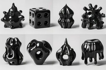 Abstract Black Sculptures and a Die on White Background