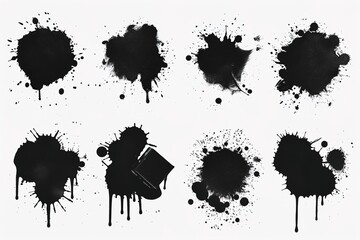Black ink splatters and paint drops on white background, artistic design elements
