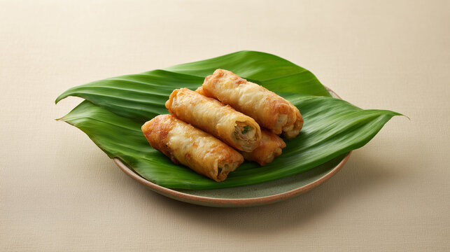 Sosis Solo - Crispy golden spring rolls served on a fresh green banana leaf, showcasing traditional Asian street food perfect for culinary, snack, and cultural food concepts.