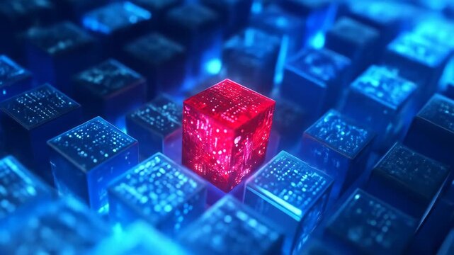 Abstract Digital Cubes with Red Highlighted Cube in a Blue Lit Environment