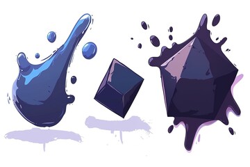 Colorful liquid splashes and a cube on a white background, abstract illustration
