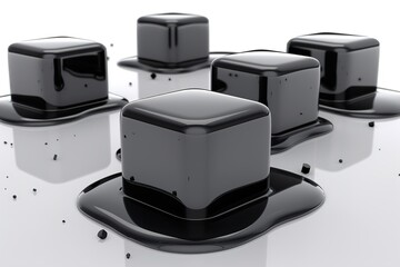 Melting black ice cubes on white surface, abstract concept