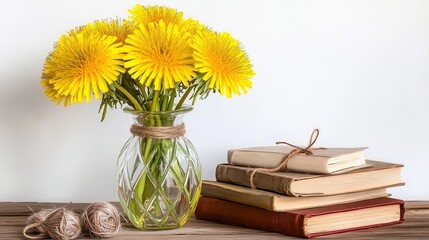 Still life of dandelions and old books
