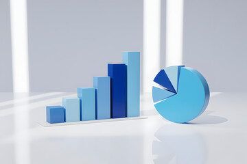 A 3d bar graph and pie chart on a white background