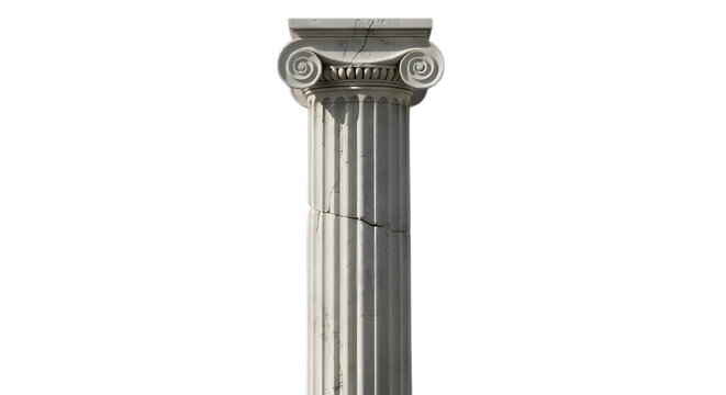 Classical architectural column with cracks isolated on transparent background