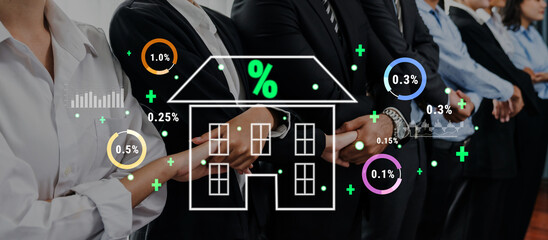 A diverse business team united in a professional setting, showcasing collaboration in finance and real estate with dynamic percentage icons and data graphics, highlighting teamwork. Trope