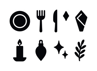 Fox Forest Icon Set. Fox in snowy forest. Line outline icon set of Fox in snowy forest: fox silhouette, fox