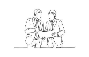 Continuous one line drawing of two businessman talking and discuss about document, Vector illustration, isolated on transparent background.
