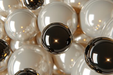Shiny reflective black and white spheres in a cluster, abstract background