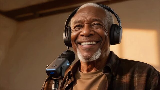 Hombre mayor cantando feliz  con auriculares modernos sobre sus oídos