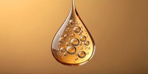 Close up macro shot of a golden liquid droplet suspended with tiny bubbles