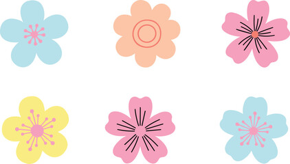 Stylized flower icons, floral design, botanical illustration, petal variations, colorful blossoms, decorative elements, nature art, pattern concept