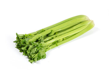 Celery branch bunch with leaves isolated on white background.