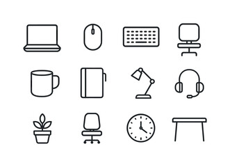 Remote Work Icons. Remote work with a snowy view. Line outline icon set of Remote work with a snowy view: