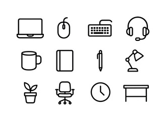 Snowy Remote Work Essentials. Remote work with a snowy view. Line outline icon set of Remote work with a snowy